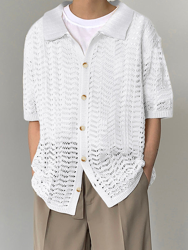 Mens Lace Knit Hollow Short Sleeve Shirt SKUK17342