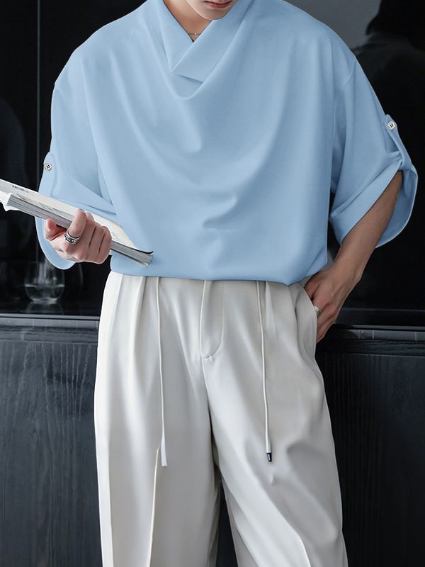 Men's Avant-Garde Cowl Neck Oversized Roll-Up Sleeve Pullover Shirt SKUL70266