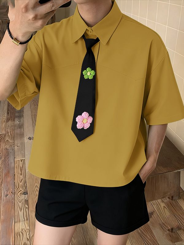 Men's 3D Floral Decor Tie Short Sleeve Shirt SKUL41498