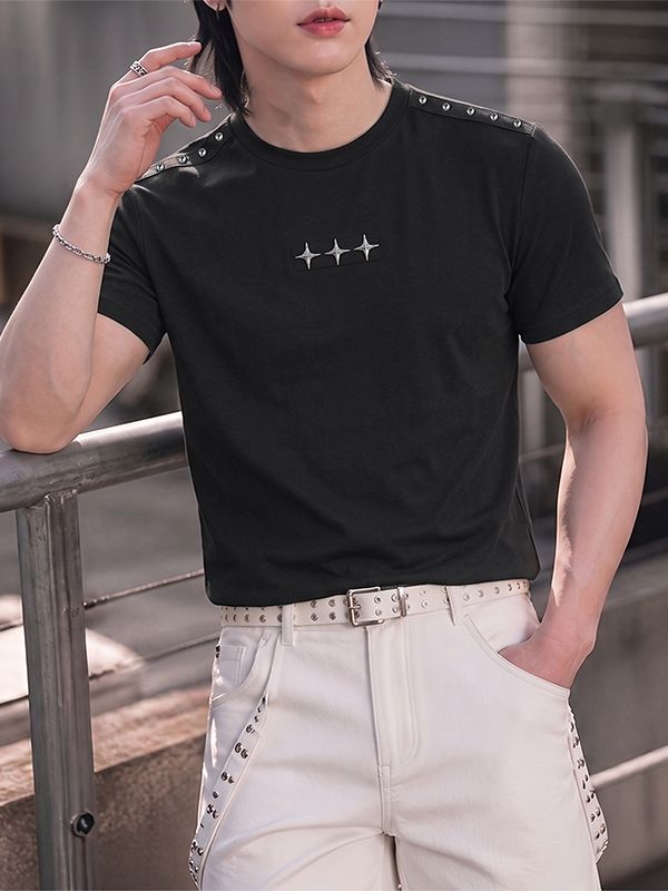 Men's Y2K High-Street Star Studded Shoulder Short Sleeve T-shirt SKUL79233