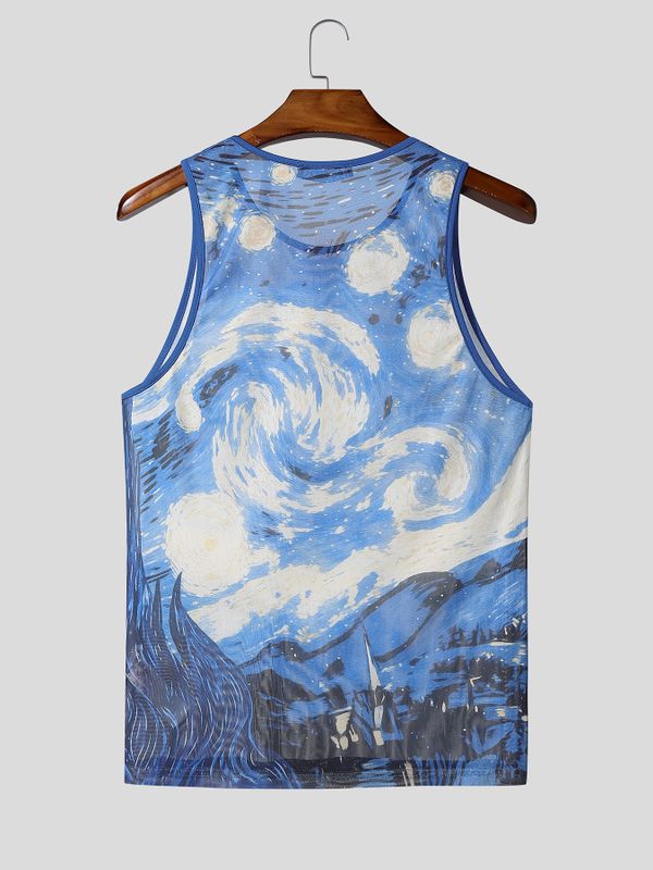 Men's High Street Wear Starry Night Oil Painting Sheer Mesh Casual Tank SKUL55292