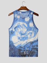 Men's High Street Wear Starry Night Oil Painting Sheer Mesh Casual Tank SKUL55292