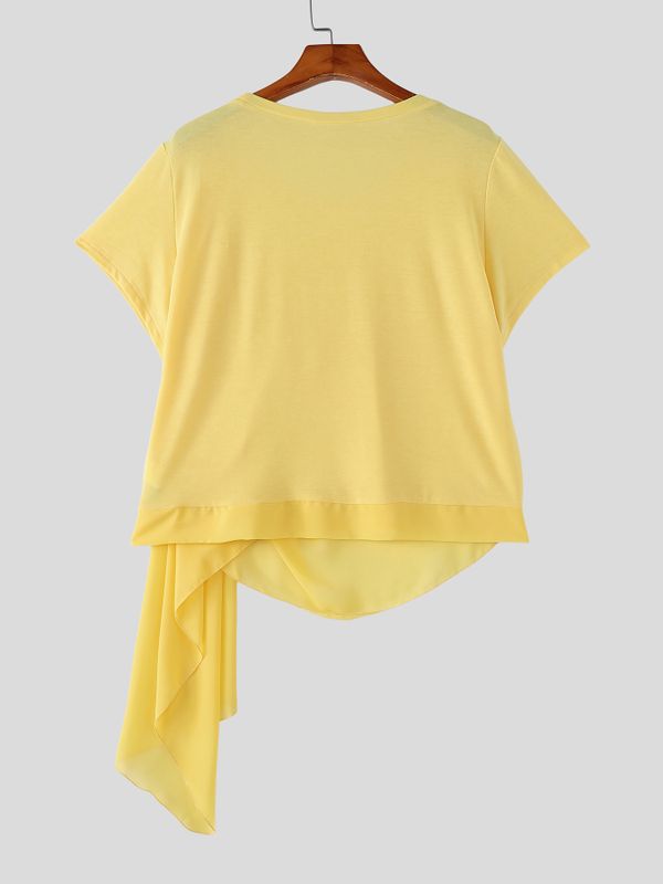 Men's Elegant Genderless Aesthetic Draped Asymmetric Fake Two Piece Chiffon T-shirt SKUL60126