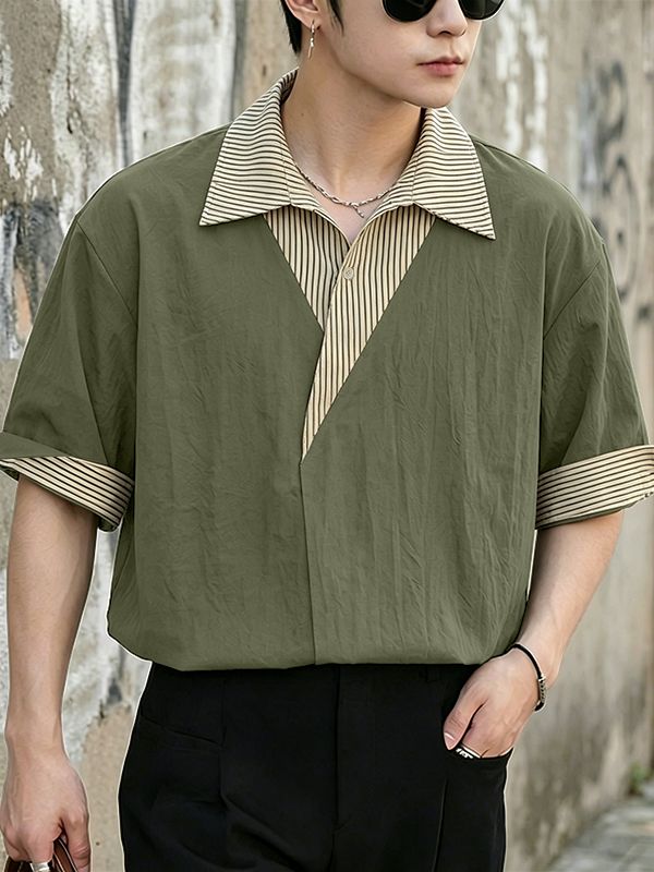 Men's Modern City Boy Relaxed Faux-Layered Asymmetrical Pinstripe Patchwork Shirt SKUL60214