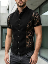 Men's Slim Fit Mandarin Collar Floral Lace Sleeves Shirt SKUL65339