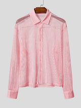 Men's High Street Resort Hollow Out Fishnet Sheer Turn Down Collar Long Sleeve Loose Shirt SKUL71405