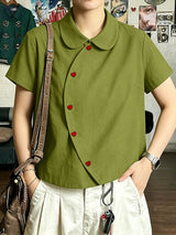 Men's Asymmetrical Slanted Placket Heart-Button Round Collar Shirt SKUL59567