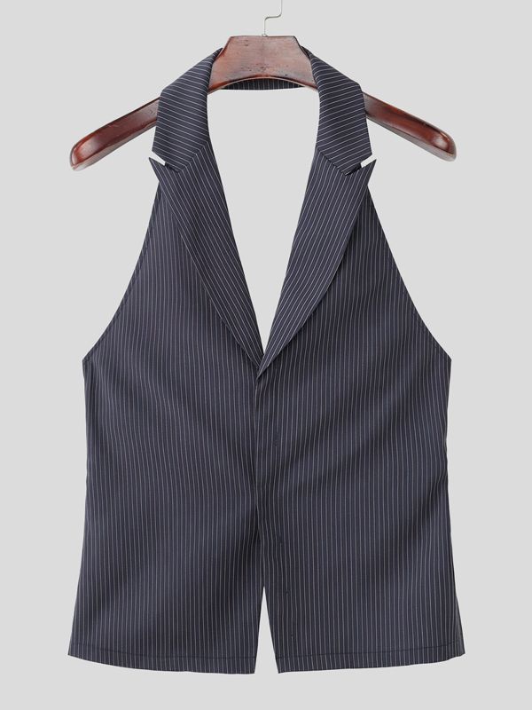 Men's Avant-Garde Pinstripe Halter Neck Backless Lace-Up Waistcoat SKUL64186