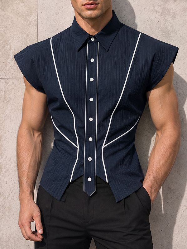 Men's Avant-Garde Contrast Piping Tailored Slim Fit Sleeveless Shirt SKUL75608