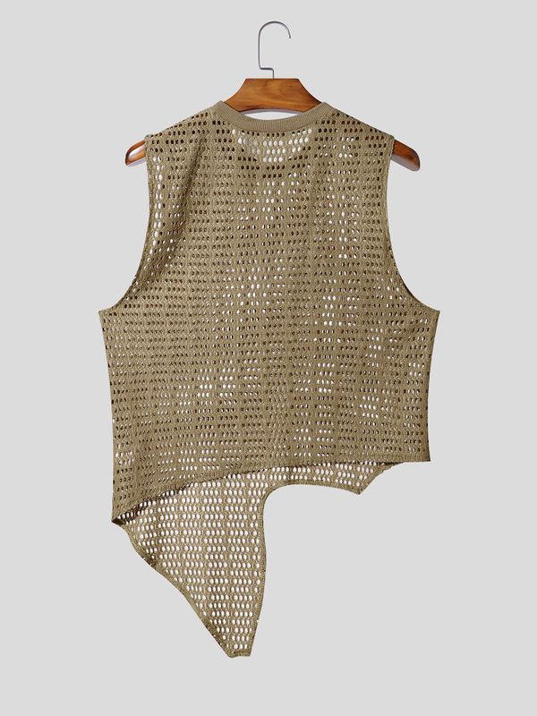 Men's Avant-Garde Asymmetric Sharp Pointed Hem Eyelet Crochet Mesh Knit Tank SKUL71310