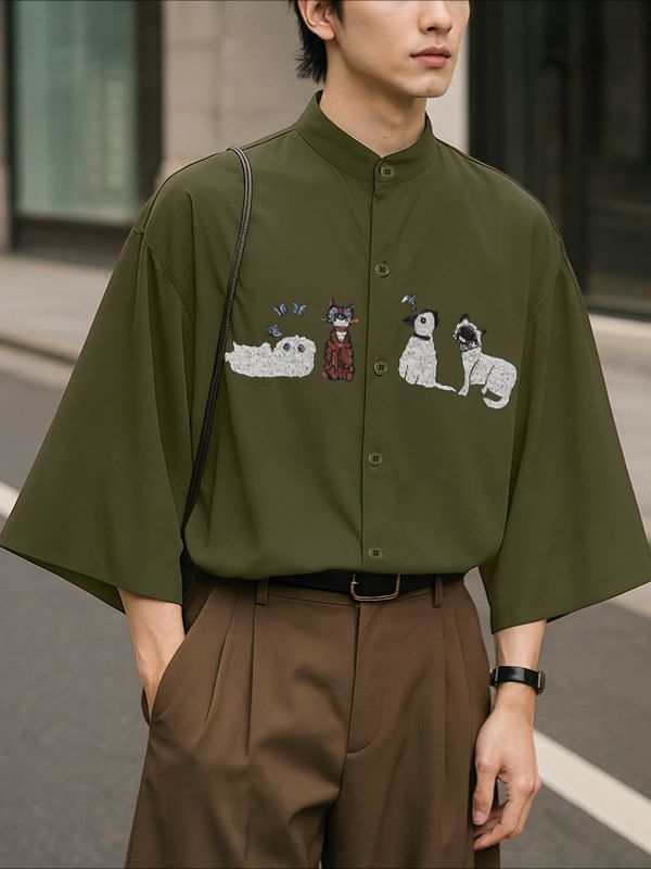 Men's Cartoon Embroidered Half Sleeve Shirt SKUL40127