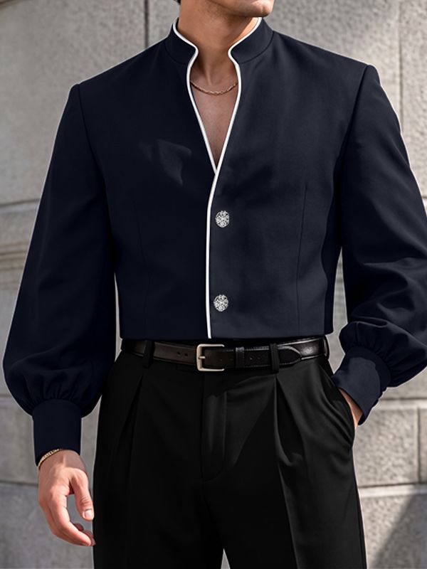 Men's Vintage Royal Evening Ball Contrast Piped Mandarin Collar Jacket SKUL81824