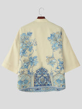Men's Neo-Chinese Mandrin Collar All-Over Architectural Chrysanthemum Print Short Sleeve Shirt SKUL68399