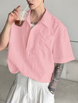 Men's Minimalist Crinkle Texture Chest Pocket Turn Down Collar Short Sleeve Shirt SKUL75726