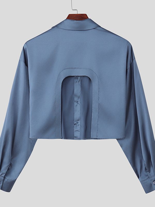Men's Back Cutout Satin Cropped Long Sleeve Shirt SKUL47871