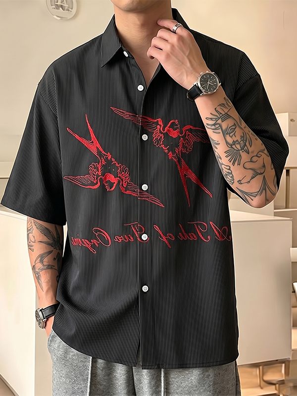 Men's Vintage Artistic Swallow Print Vertical Ribbed Short Sleeve Shirt SKUL69375