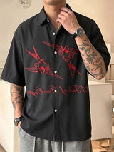 Men's Vintage Artistic Swallow Print Vertical Ribbed Short Sleeve Shirt SKUL69375