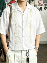 Men's Vintage Guayabera Cuban Collar Geometric Print Boxy Cropped Short Sleeve Shirt SKUL60213
