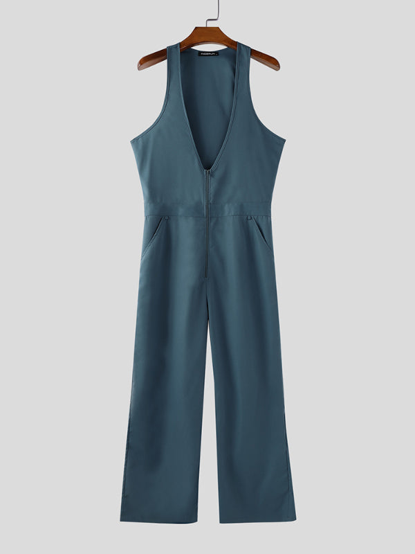 Men's Solid Color Casual Zip Sleeveless Jumpsuit SKUL24583