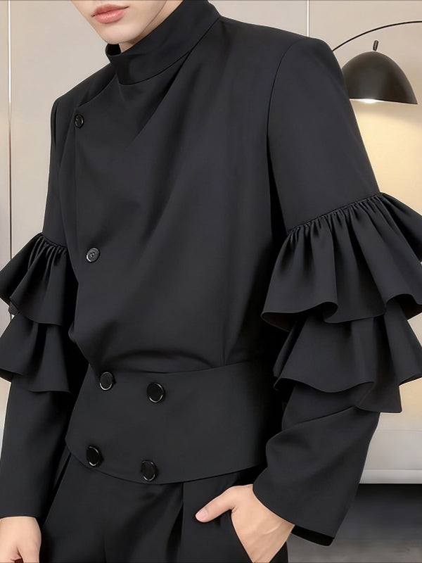 Men's Solid Drape Ruffled Patchwork Long Sleeve Shirt SKUL38916