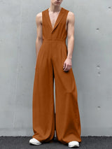 Men's Solid Color Loose V Neck Jumpsuit SKUL50580