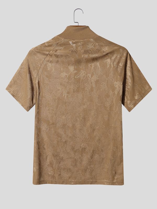 Men's Quiet Luxury Jacquard Floral Metal Quarter Zip Short Sleeve Mock Neck T-shirt SKUL83509