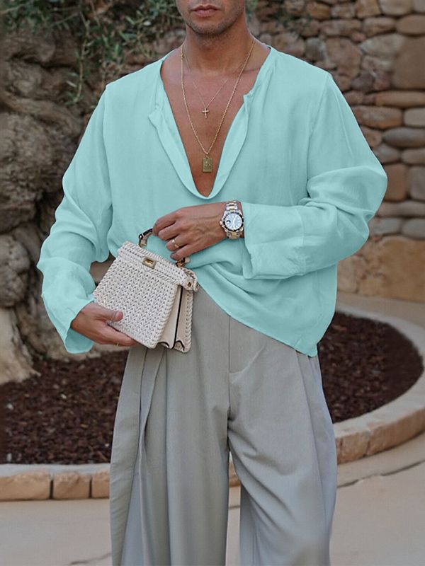 Men's Solid Color V Neck Long Sleeve T-shirt SKUL51933