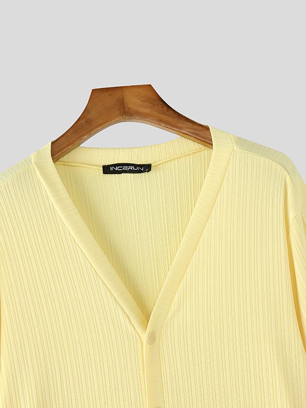 Men's Solid Color Textured Long Sleeve Cardigan SKUL47671