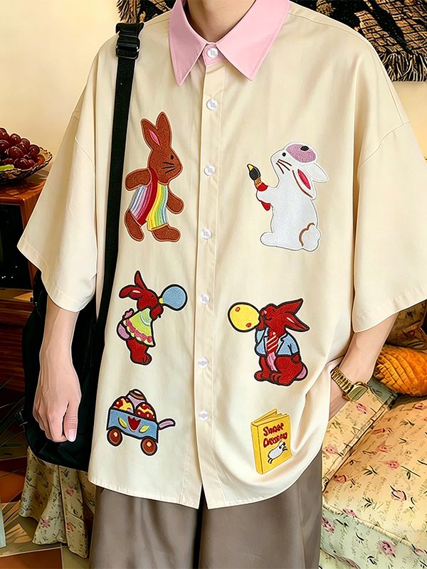 Men's Japanese Harajuku Cute Cartoon Rabbit Graphic Contrast Collar Short Sleeve Shirt SKUL59667