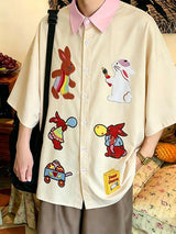 Men's Japanese Harajuku Cute Cartoon Rabbit Graphic Contrast Collar Short Sleeve Shirt SKUL59667