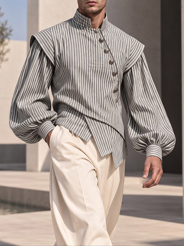 [Pre-order] Men's Vintage Dandy Stage Runway Metallic Button Lantern Sleeve Striped Shirt SKUL89153