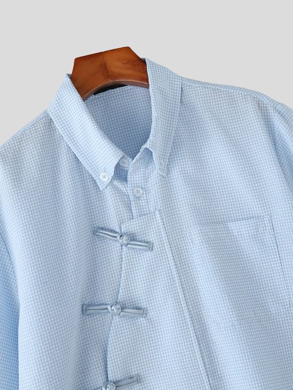 Men's New Chinese Style Gingham Frog Button Short Sleeve Shirt SKUL58785