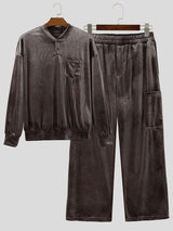 Men's Quiet Luxury Early Autumn Shimmering Velvet Henley Neck Cargo Pocket Two Pieces Outfit SKUL81067