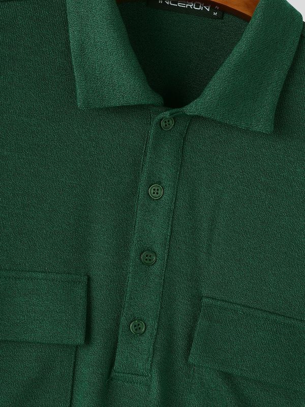 Men's Japanese Cityboy Aesthetic Dual Utility Chest Pocket Knit Polo Shirt SKUL72596