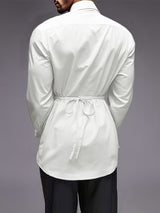 Men's Solid Waist Tie Long Sleeve Shirt SKUL31936