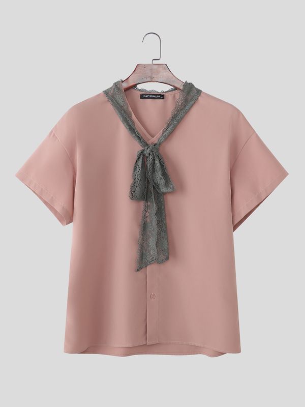Men's Solid Color Lace Tie Short Sleeve Shirt SKUL56077