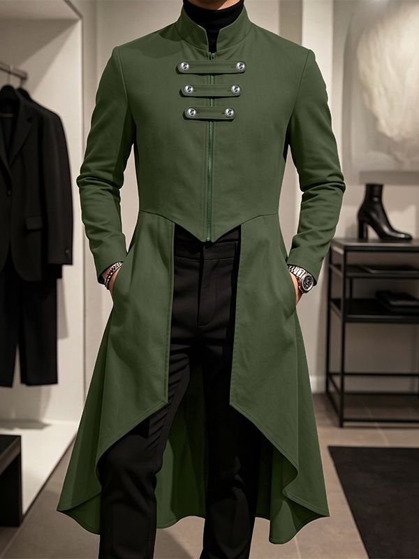 Men's Avant-Garde Retro Runway High-Low Swallowtail Hem Metal Buckle Zip Up Long Sleeve Stand Collar Blazer SKUL79735