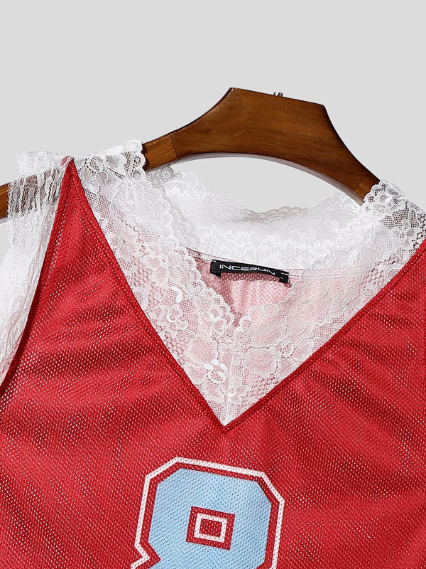 Men's Lace Patchwork Number Print Tank SKUL20288