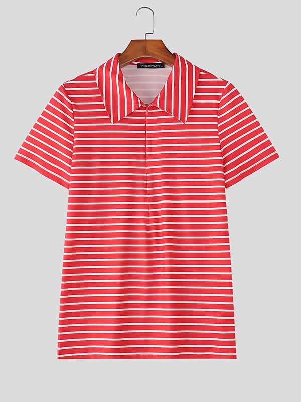 Men's Striped Zipper Turn Down Collar Short Sleeve T-shirt SKUL47695