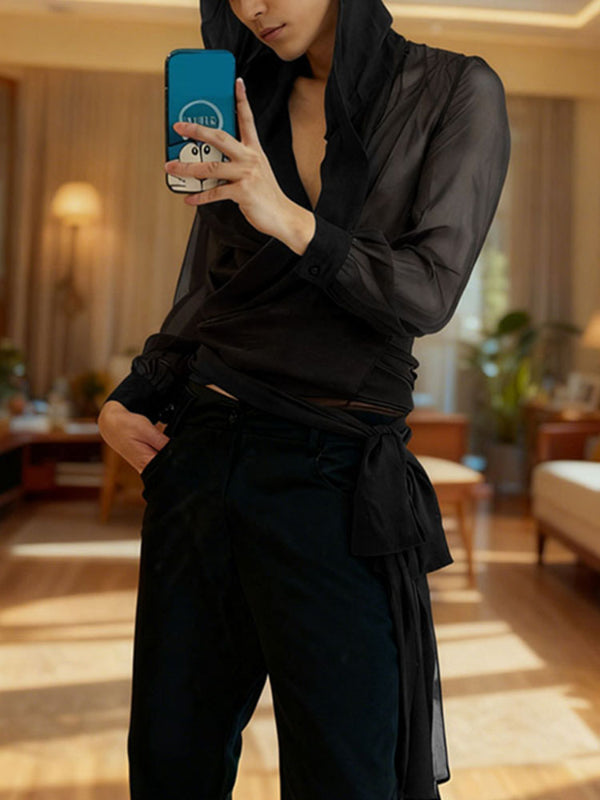 Men's Sheer Mesh Hooded Long Sleeve Shirt SKUL32850