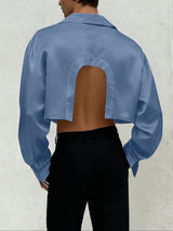Men's Back Cutout Satin Cropped Long Sleeve Shirt SKUL47871