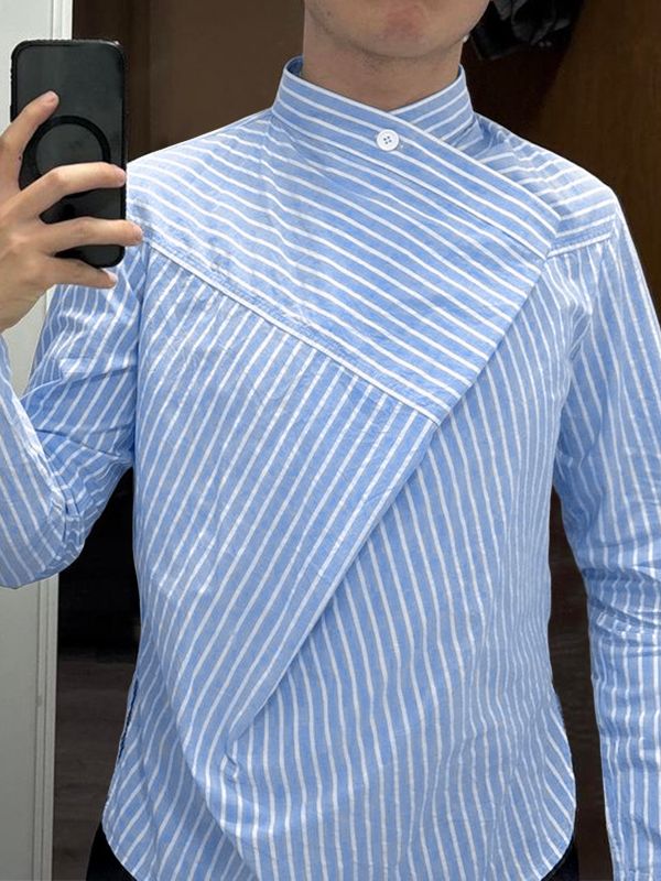 Men's Stripe Asymmetric Layered Stand Collar Long Sleeve Shirt SKUL50909
