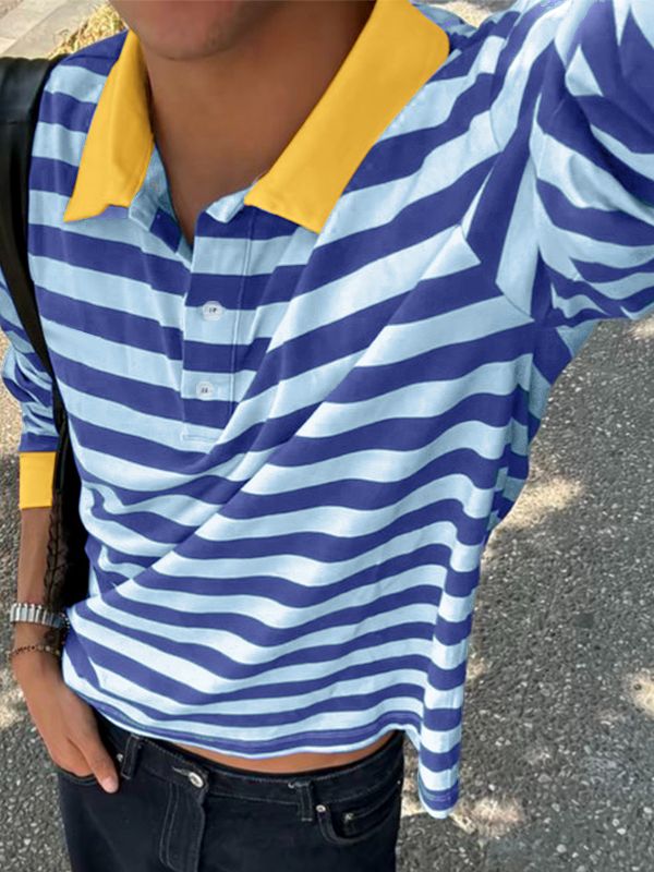 Men's Striped Contrast Turn Down Collar Long Sleeve Shirt SKUL50980