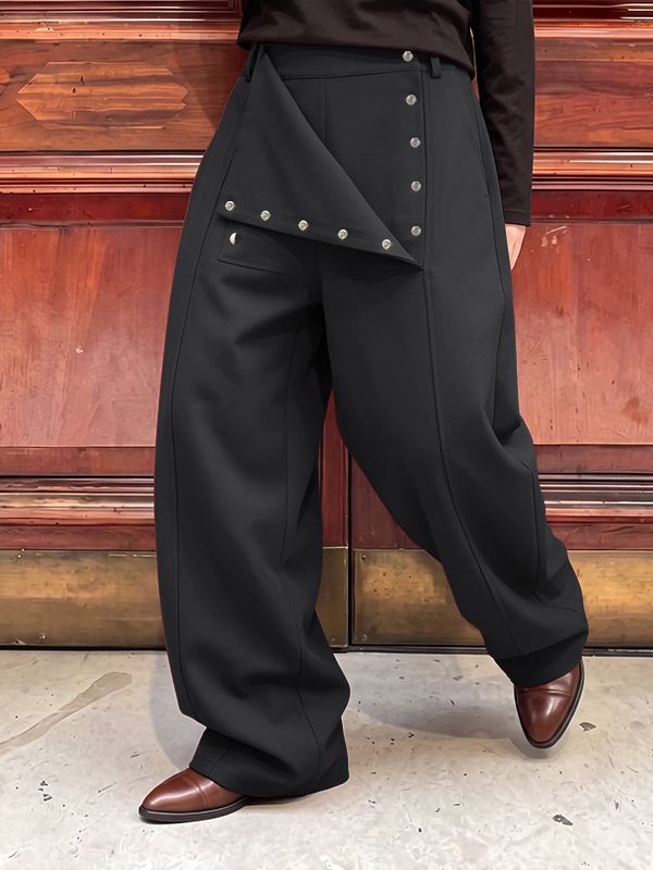 Men's Avant-Garde Deconstructed Stage Runway Asymmetric Foldover Snap High-Waist Pant SKUL81828