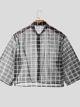 Men's Avant-Garde Sheer Organza Plaid Stand Collar Cropped 3/4 Sleeve Shirt SKUL63171