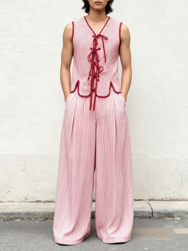 Men's Lace Up Patchwork Striped Two Pieces Outfit SKUL45397