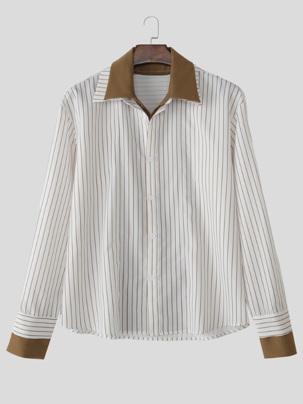 Men's Striped Colorblock Collar Long Sleeve Shirt SKUL27372