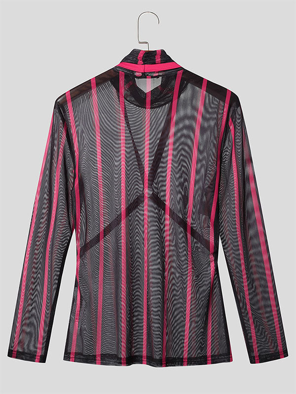 Men's Striped Patchwork Sheer Long Sleeve T-Shirt SKUL23956