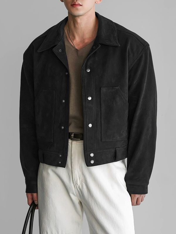 Men's Faux Suede Loose Cropped Long Sleeve Jacket SKUL33858