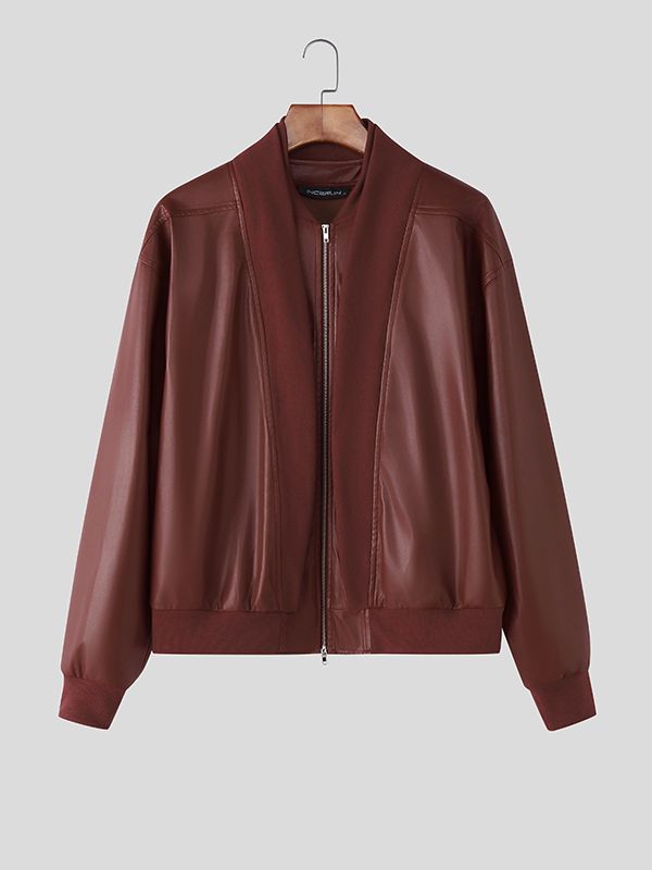 Men's Fake Two Piece Faux Leather Zip Long Sleeve Jacket SKUL40112